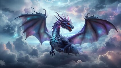 A magnificent dragon soars above white clouds, its wings reaching for the sky, its body radiating a brilliant light like gemstones. A breathtaking, fantastical sight that combines the power of the dra © MANSOURI
