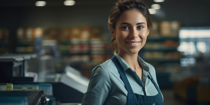 Beautiful smiling young girl working at the supermarket. Generative AI