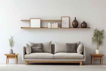 This design features a sophisticated and stylish living room with a minimalistic approach. The room includes a mockup poster frame, a combination of metal and wooden shelves, a comfortable sofa