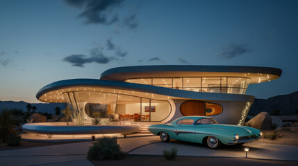 a modern villa from the sixties with a green car in front in the evening