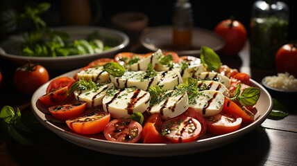 greek salad in bowl with tomatoes, basil, cheese and herbs on dark background