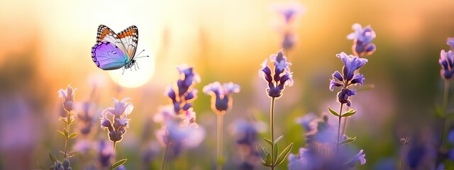 Fototapeta na wymiar Sunny summer nature background with fly butterfly and lavender flowers with sunlight and bokeh. Outdoor nature banner