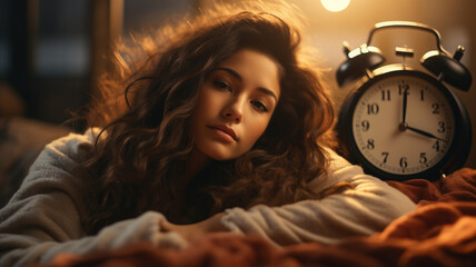 young woman in bedroom with alarm clock at night - obrazy, fototapety, plakaty