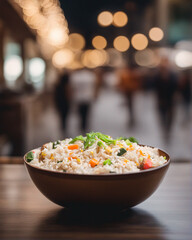 Vegetarian outdoor restaurant vegetable fried rice food with bokeh effect