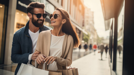Obraz premium Young couple is shopping at the mall. Created with Generative AI technology.