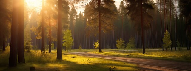 Sunbeams shine through the trees onto an empty road in a pine forest