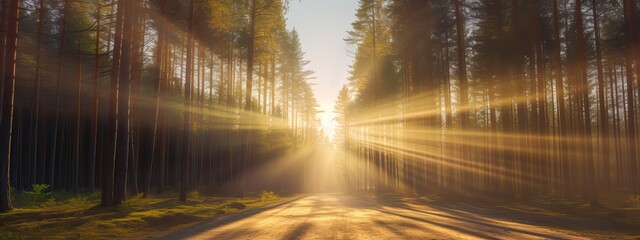 Sunbeams shine through the trees onto an empty road in a pine forest