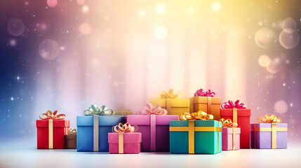 Many colorful gift boxes with ribbon bow isolated on blurred background. Minimal photo digital illustration generative AI.