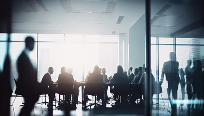 Fototapeta na wymiar Blurred business people meeting in modern office building conference room Ai generated image