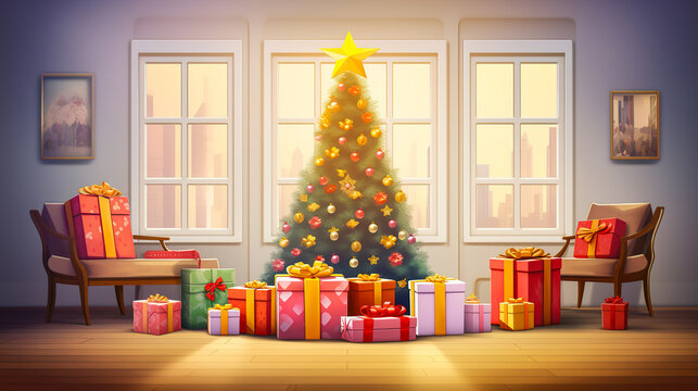 Christmas tree with colorful gift boxes and presents in the living room. Christmas theme. Digital illustration generative AI.