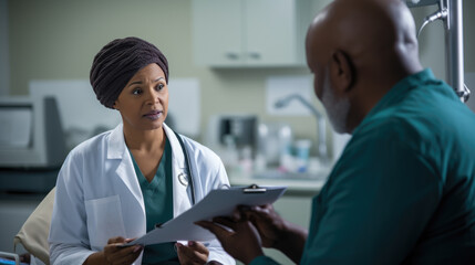 Obraz premium African-American doctor holding a form talking to a nurse. Created with Generative AI technology.