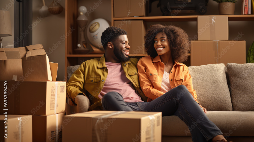 Poster young couple sits on a couch in a new house or apartment surrounded by boxes from moving. created wi