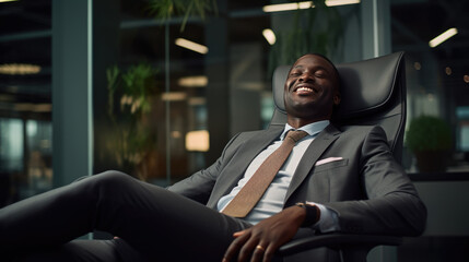 Businessman in a suit is relaxing, reclining in his office chair. Created with Generative AI technology.