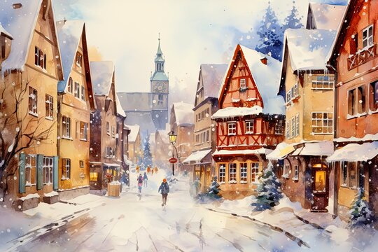 Winter scene with snow of a small village colorful watercolor painting.