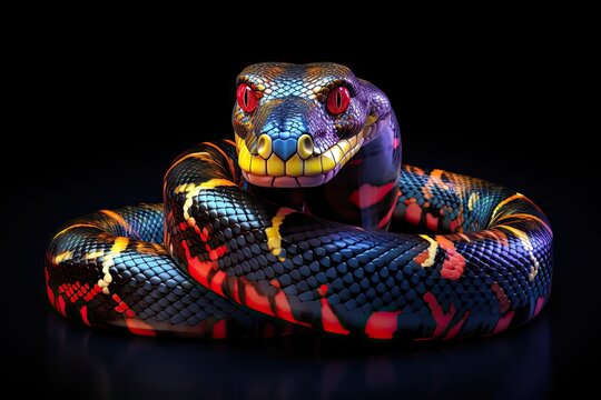 Colourful Illustration of a blue python on a black background