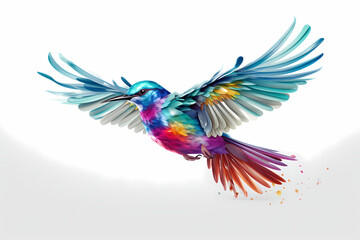 Beautiful and colorful exotic bird flying on a white background. Generative Ai