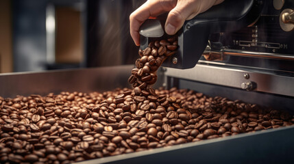 Roasting coffee beans on special machinery. Created with Generative AI technology.