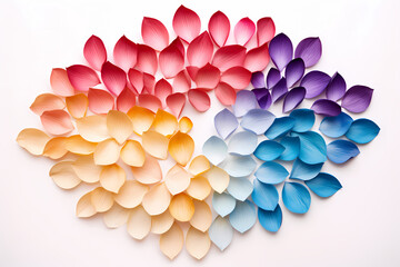 Colorful flower petals spread across the white canvas, red, purple, blue, orange color flower petals. Generative Ai