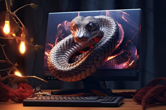 Snake crawls out of the monitor as a symbol of the Python programming language