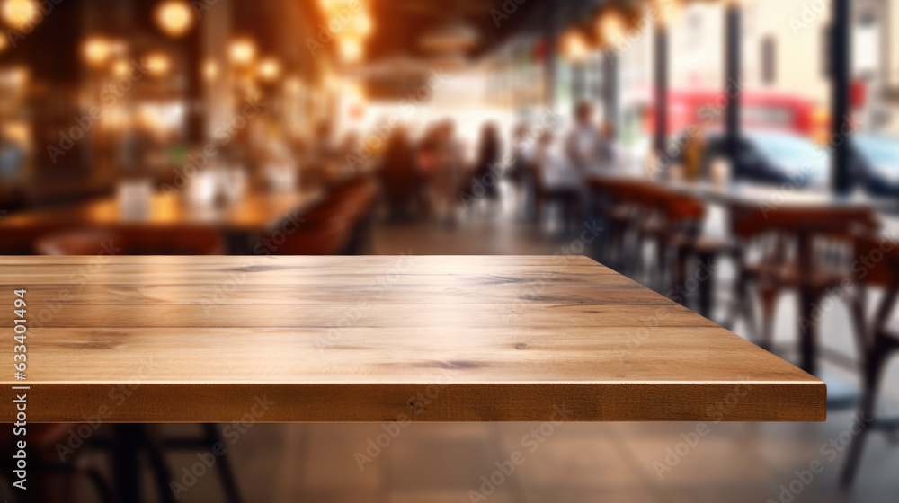 Aufkleber coffee table in the background of a blurred coffee shop with copy space. created with generative ai 