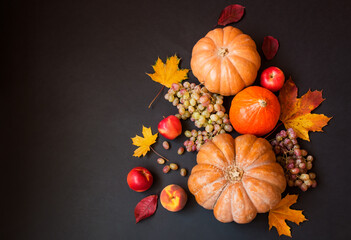 Border made of pumpkins, autumn leaves and fresh fruits on dark background.