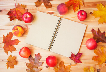 Empty notepad as copy space for your text  surrounded by autumn leaves and  fresh fruits.