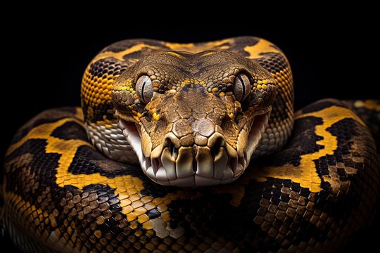 The head of an anaconda close up on a dark background