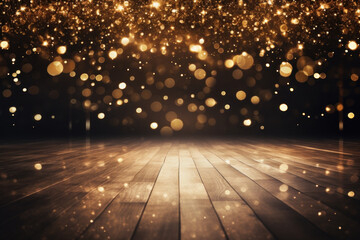 Gold Falling Sparkles on Black Background With Wood Floor Holiday New Year Generative AI