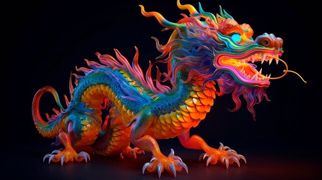 Traditional 3d chinese dragon glowing in the dark illustration. 3d character dragon bright colors print for clothes, stationery. Banner chinese dragon 2024. New Year of the Dragon 2024. Generative ai.