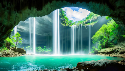 An underground cavern with a majestic waterfall, the water cascading down from an opening in the cave ceiling