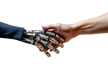 Handshake. Technology meets humanity. Robot hand shaking human hand isolated on transparent background. Concept of artificial intelligence helping people. PNG