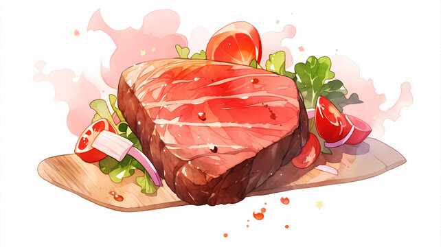 Hand-painted cartoon beautiful gourmet steak watercolor illustration
