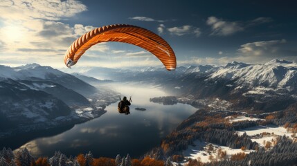 paraglider in the sky and mountains