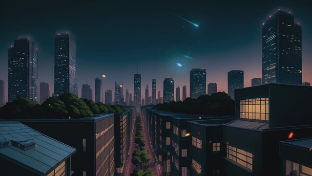 view of the city at night with stars and comet. Cartoon or anime illustration style. seamless looping 4K time-lapse virtual video animation background.