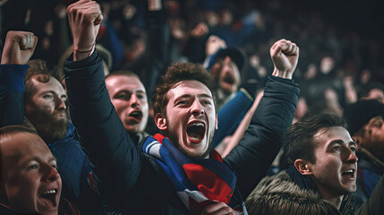 French fan, Celebrating the success. Supporters cheer in bleacher in French rugby match 2023. Generative Ai