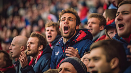 French fan, emotions overwhelm. Supporters cheer in bleacher. Generative Ai