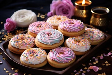 icing and sprinkles on freshly baked cookies - obrazy, fototapety, plakaty