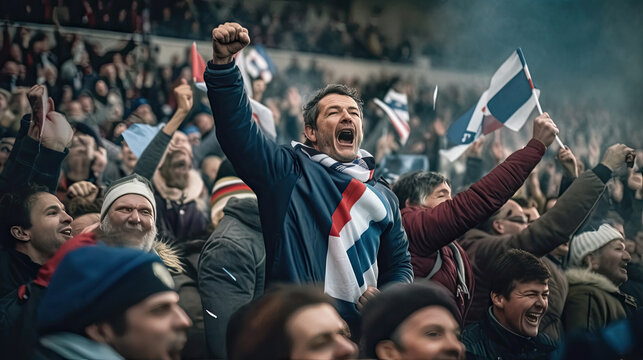 French fan, Celebrating the success. Supporters cheer in bleacher in French rugby match 2023. Generative Ai