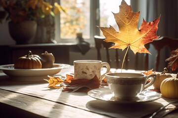Naklejka na ściany i meble Autumn morning with colorful foliage, and peaceful nature.