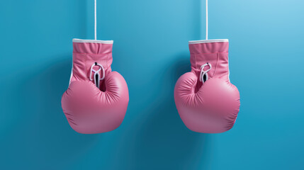 Pink boxing gloves on blue background. Concept of female cancer disease. Created with Generative AI technology.