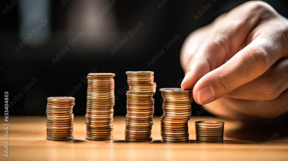 Poster mhand put coins to stack of coins on dark background. created with generative ai technology.