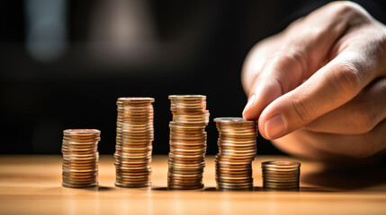 MHand put coins to stack of coins on dark background. Created with Generative AI technology.