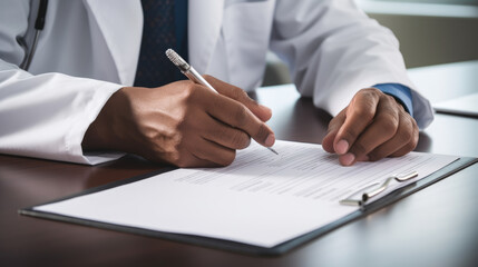 Male Doctor sitting at desk and writing a prescription for his patient. Created with Generative AI technology.