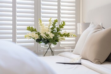 Selective focus on luxury white indoor plantation shutters in bedroom. - obrazy, fototapety, plakaty