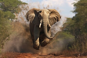 majestic bull elephant charging through open savannah - Powered by Adobe