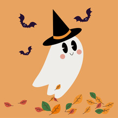 Halloween card with cute ghost and bats