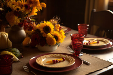 Elegant dining table with floral arrangement and glassware