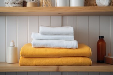 Fototapeta na wymiar folded fluffy towels on a clean bathroom shelf