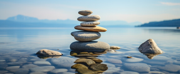 Concept of harmony and balance. Balance stones against the sea. Created with Generative AI technology.