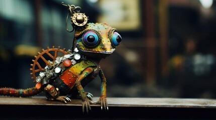 Steampunk chameleon lizard toy made from rusty metal cutout sheets, welded mechanical gears and cogs, rainbow oil slick anodized colors, adorably different and cute - generative AI - obrazy, fototapety, plakaty